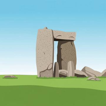 Prehistoric megalithic stone trilithon monument illustration with two vertical pillars and a horizontal lintel stone standing in a green grass field under a clear blue sky background.