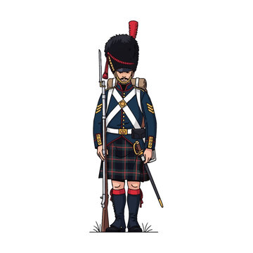 19th Century British Scottish Highlander soldier illustration in 1850s military uniform with kilt, bearskin hat, blue tunic, and cross belts, holding a musket rifle and a sword.