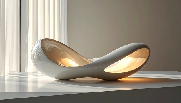 Modern, sculptural white lamp with soft light, near window. Smooth curves, minimal design