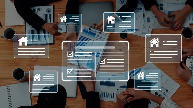 Collaborative Business Meeting on Real Estate Analysis with Graphs and Progress Checklists Overlaid on a Wooden Table Gluon.