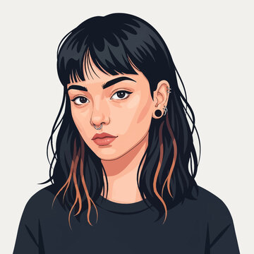 Vector illustration of a young woman with black hair, bangs, and orange highlights, featuring a septum piercing and multiple ear piercings, wearing a black shirt on white background.