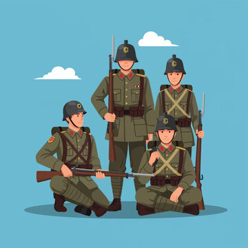 Flat vector illustration of four soldiers in vintage olive drab military uniforms, wearing helmets with emblems and backpacks, holding rifles with bayonets against blue background.