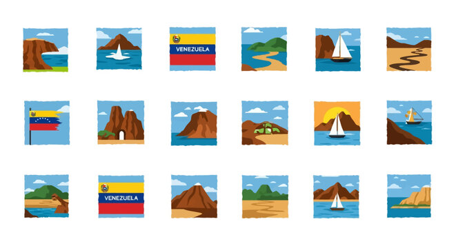 Vector icon set of Venezuelan national parks including Canaima tepuis, Los Roques coastline, Coro dunes, Andes mountains, and the national flag of Venezuela on white background.