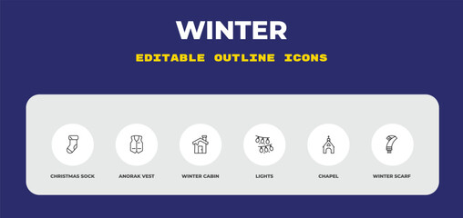 outline winter icons set - christmas sock, anorak vest, winter cabin. editable vector for web and mobile ui © IconArt