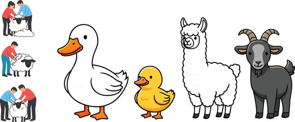 Farm animal illustration featuring duck chick llama goat and people caring for livestock in colorful cartoon style rural agriculture concept © MstLinaAkter