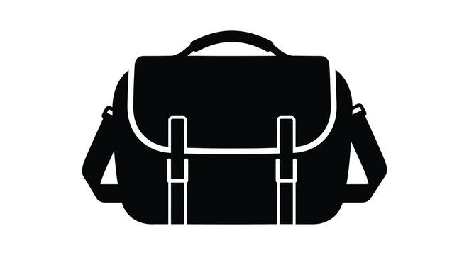 A black messenger bag is displayed as a striking graphic silhouette