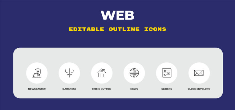 outline web icons set - newscaster, darkness, home button. editable vector for web and mobile ui