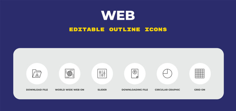 outline web icons set - download file, world wide web on grid, slider. editable vector for web and mobile ui