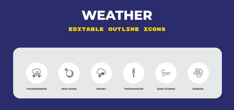 outline weather icons set - thundersnow, new moon, snowy. editable vector for web and mobile ui