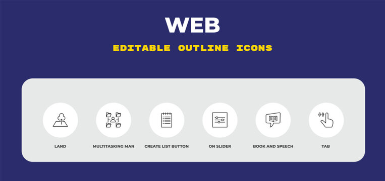 outline web icons set - land, multitasking man, create list button. editable vector for web and mobile ui
