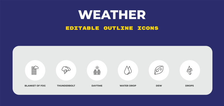 outline weather icons set - blanket of fog, thunderbolt, daytime. editable vector for web and mobile ui