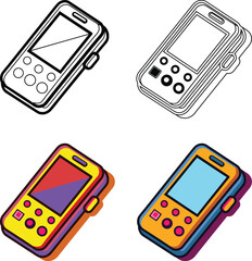 Retro Mobile Phone Icon Set, Vintage Cellphone Flat and Outline Vector Illustration © Gfx