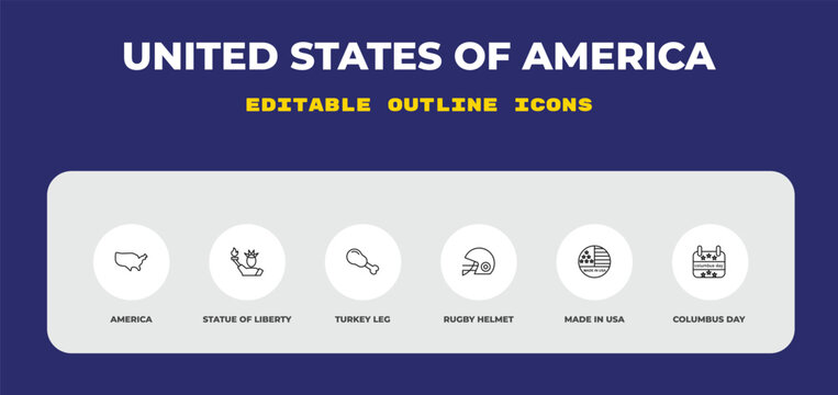 outline united states of america icons set - america, statue of liberty, turkey leg. editable vector for web and mobile ui