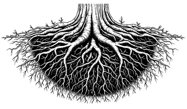A detailed illustration of tree roots growing underground in black and white