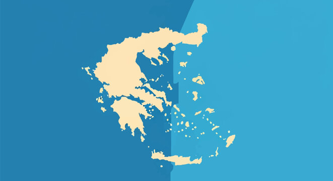 Minimalist vector illustration of the map of Greece including major islands like Crete and the Peloponnese peninsula, set against a two-tone blue background with a flat design.