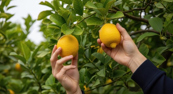 Hands picking ripe lemons from a tree, close-up shot
