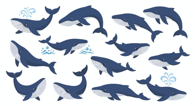 A collection of stylized blue whale vector illustrations in various poses including swimming, jumping, and spouting water, isolated on a white background for marine life designs.