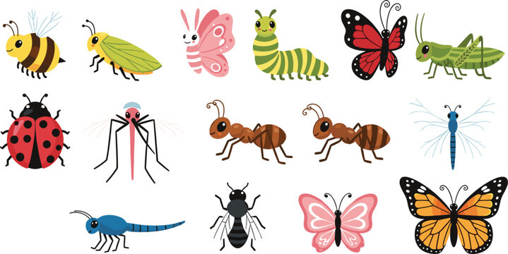 Colorful insect illustration set featuring butterflies bees ants ladybugs dragonflies caterpillars and various garden bugs in detailed cartoon style