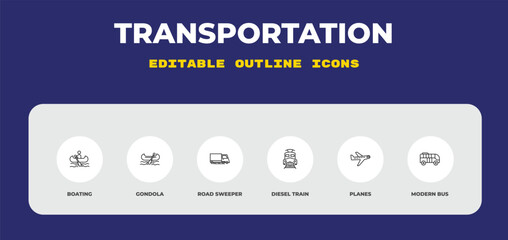 outline transportation icons set - boating, gondola, road sweeper. editable vector for web and mobile ui © IconArt