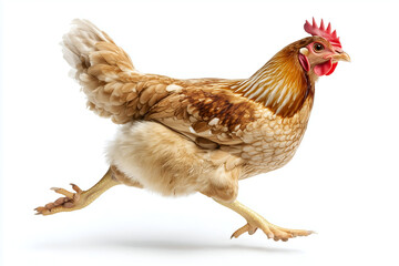 Fototapeta premium Brown hen walking fast in profile isolated on a white background