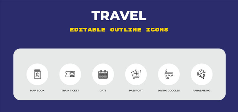 outline travel icons set - map book, train ticket, date. editable vector for web and mobile ui