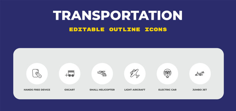 outline transportation icons set - hands free device, oxcart, small helicopter. editable vector for web and mobile ui
