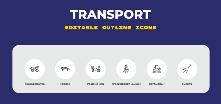 outline transport icons set - bicycle rental, hearse, parking men. editable vector for web and mobile ui