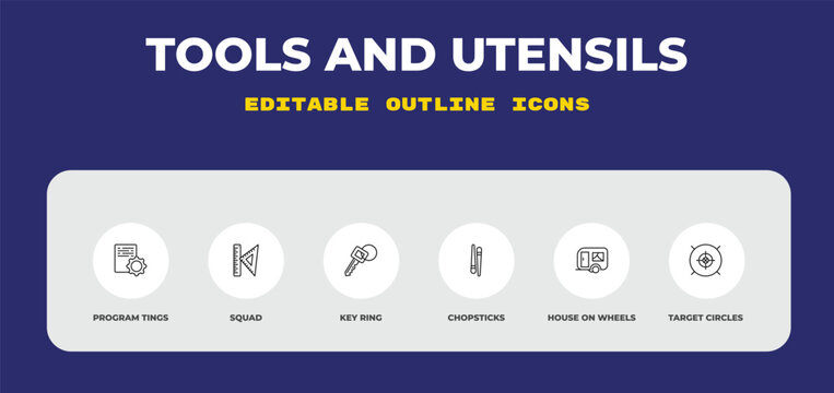 outline tools and utensils icons set - program tings, squad, key ring. editable vector for web and mobile ui