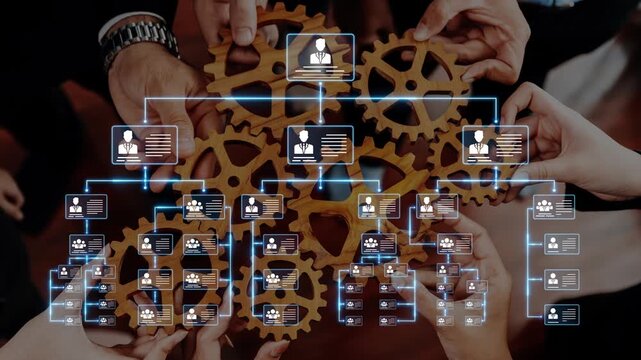 A group of hands gathers around various wooden gears, symbolizing teamwork and collaboration in a business context, emphasizing unity and shared goals. Raster