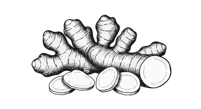Black and white hand-drawn illustration of fresh ginger rhizomes with round cut slices, isolated on a white background in a vintage woodcut or engraving art style.