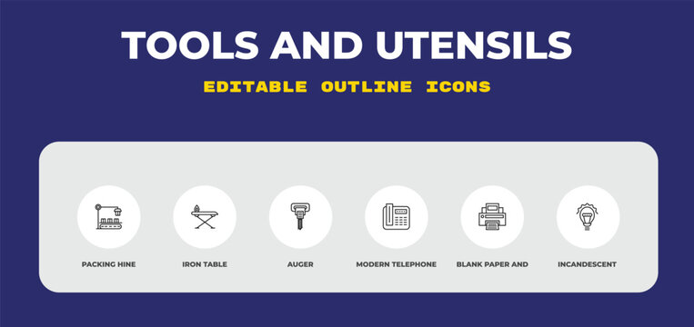 outline tools and utensils icons set - packing hine, iron table, auger. editable vector for web and mobile ui