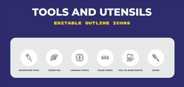 outline tools and utensils icons set - microphone voice tool, tessen fan, cardinal points. editable vector for web and mobile ui
