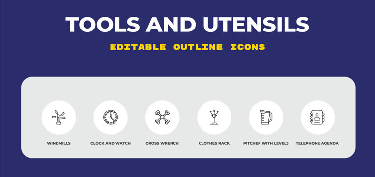 outline tools and utensils icons set - windmills, clock and watch, cross wrench. editable vector for web and mobile ui