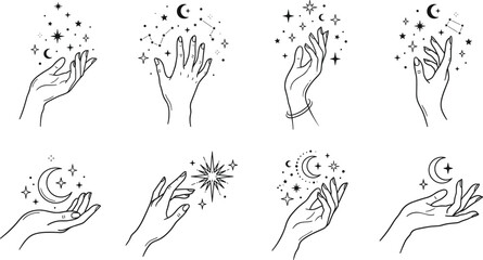 Obraz premium Hand Drawn Mystical Magic Hands Collection with Moon Stars Sparkles and Celestial Elements for Spiritual Esoteric Boho Design Vector Illustration Set