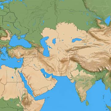 Physical topographic map of the Middle East, Central Asia, and the Indian subcontinent, featuring major mountain ranges, plateaus, and seas in a stylized hand-drawn vector format.