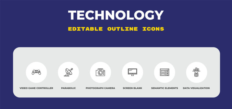 outline technology icons set - video game controller, parabolic, photograph camera. editable vector for web and mobile ui