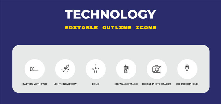 outline technology icons set - battery with two bars, lightning arrow, eolic. editable vector for web and mobile ui