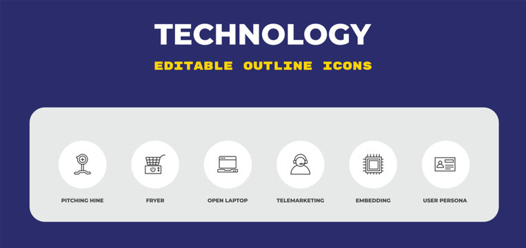 outline technology icons set - pitching hine, fryer, open laptop. editable vector for web and mobile ui