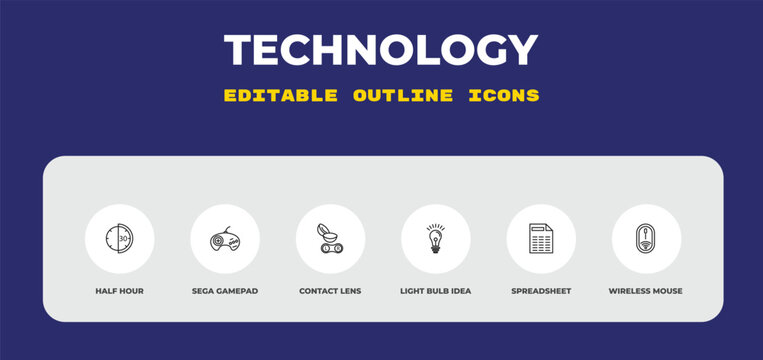 outline technology icons set - half hour, sega gamepad, contact lens. editable vector for web and mobile ui