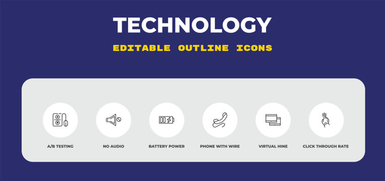 outline technology icons set - a/b testing, no audio, battery power. editable vector for web and mobile ui