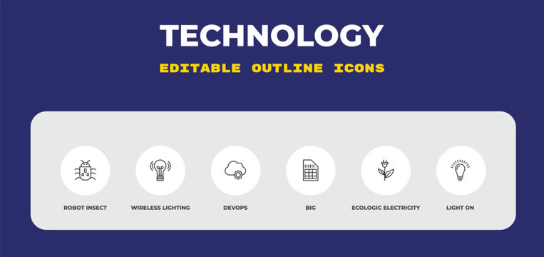 outline technology icons set - robot insect, wireless lighting, devops. editable vector for web and mobile ui