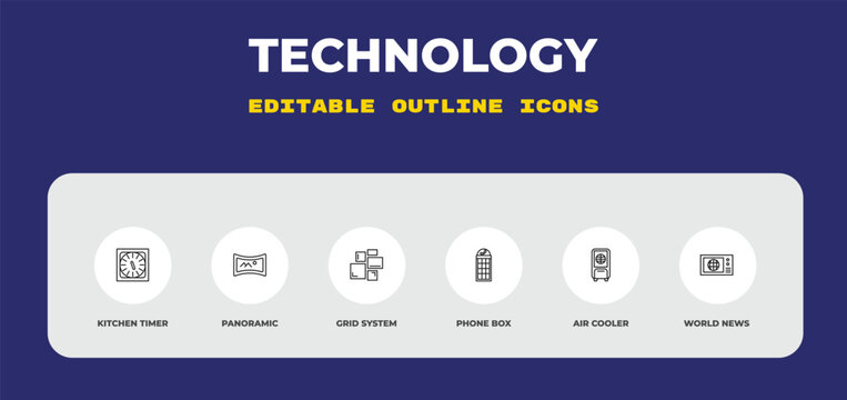 outline technology icons set - kitchen timer, panoramic, grid system. editable vector for web and mobile ui