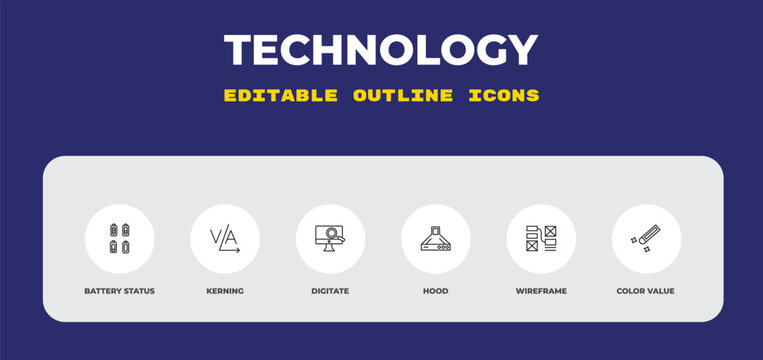 outline technology icons set - battery status, kerning, digitate. editable vector for web and mobile ui
