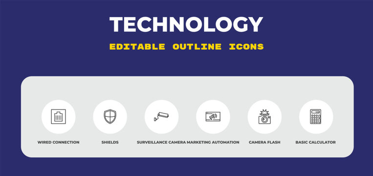 outline technology icons set - wired connection, shields, surveillance camera. editable vector for web and mobile ui