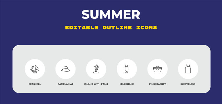 outline summer icons set - seashell, pamela hat, island with palm trees. editable vector for web and mobile ui