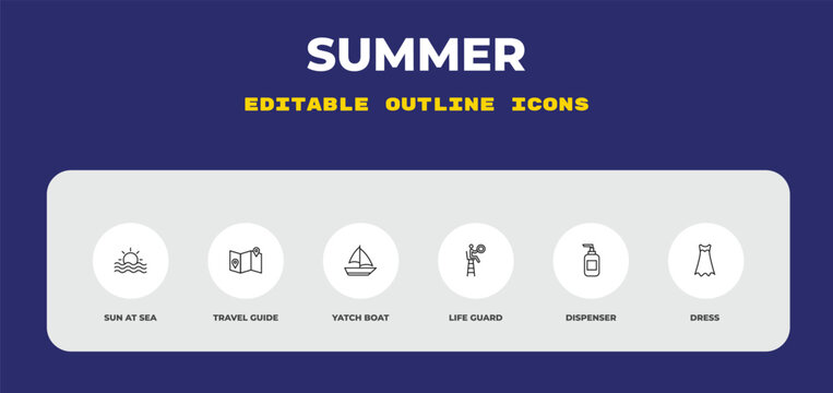outline summer icons set - sun at sea, travel guide, yatch boat. editable vector for web and mobile ui