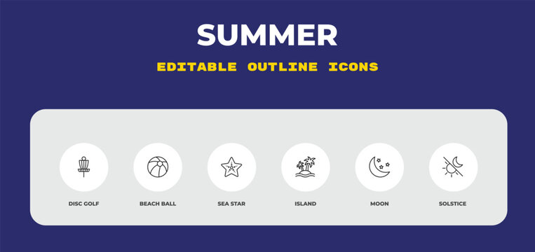 outline summer icons set - disc golf, beach ball, sea star. editable vector for web and mobile ui
