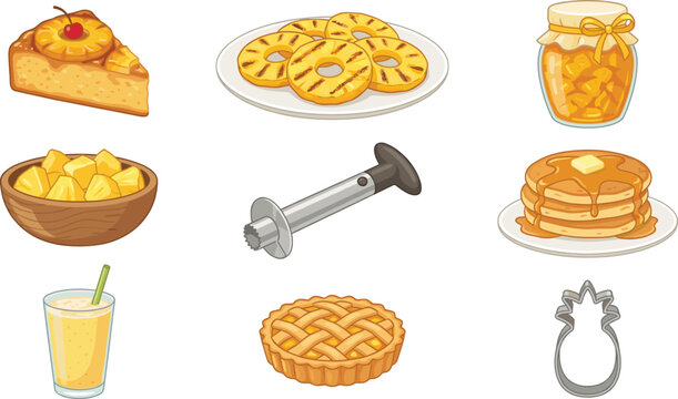 Pineapple Food Vector Set with Cake Slices Rings Juice Jam Pancakes Pie and Kitchen Tool Icons for Sweet Tropical Dessert Design