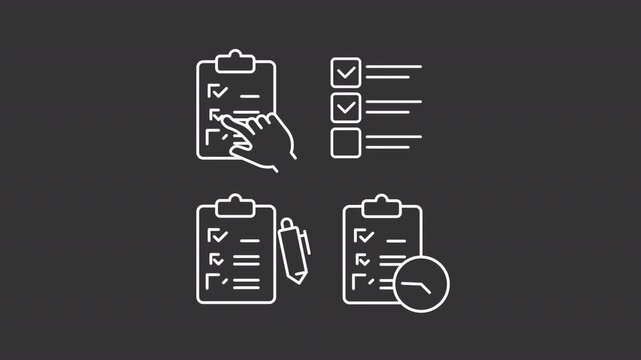 Animated survey checklist white line icons. Customer opinion animation set. Research method to gather information. Data analytics. Isolated elements on dark background. Alpha channel HD video