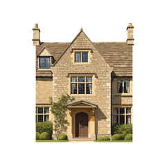 Obraz premium Illustration of a traditional English stone house facade with gabled roof, mullioned windows, two stone chimneys, an arched wooden front door, and green climbing ivy plants.
